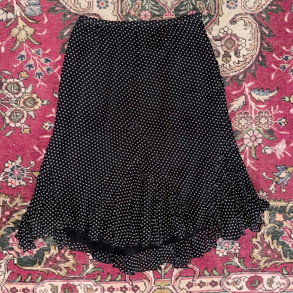 Dana Buchman Woman 16‎ 100% Silk Polka Dot Skirt Women Black Ruffle Hem Lined